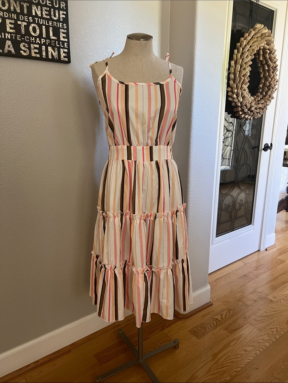 Striped Tiered Sundress - Pink, Brown & Cream